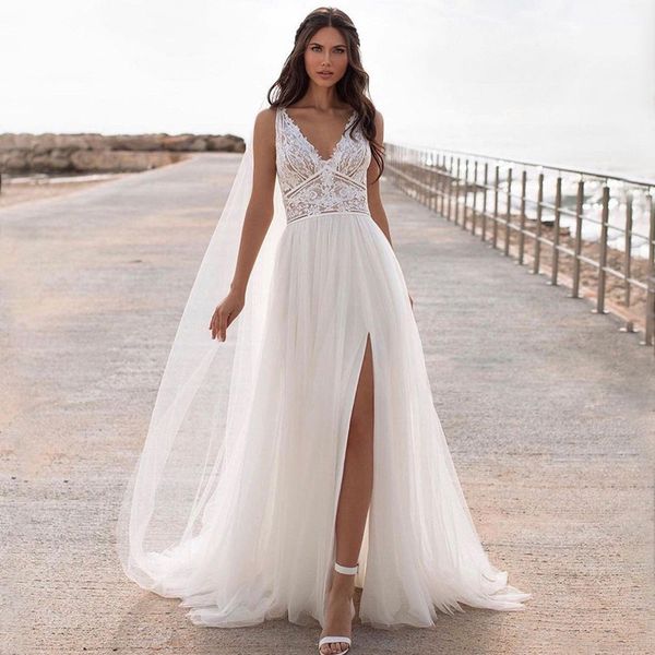 Abito da sposa con scollo a V in pizzo con stampa cava, abito da spiaggia a trapezio senza maniche a forcella alta senza schienale per la personalizzazione della sposa