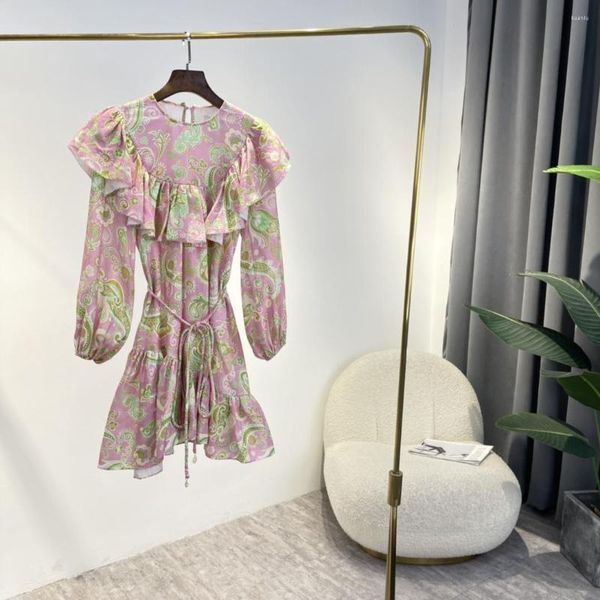 Lässige Kleider 2023 Neueste Sommer Damen Elegant Top Qualität Leinen Grün Paisley Print Rüschen Mini mit Gürtel Spezielles Design