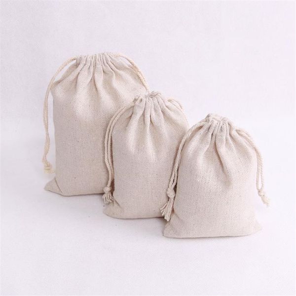 100 pçs / lote cor natural sacos de algodão pequena festa favores linho cordão presente saco musselina bolsa pulseira jóias embalagem bags225u