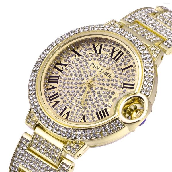 Armbanduhren PINTIME Römische Ziffer Mann Armbanduhr Uhr Männliche Armbanduhr Quarz Männer Luxus Voller Diamant Hip Hop Gold Iced Out Uhren