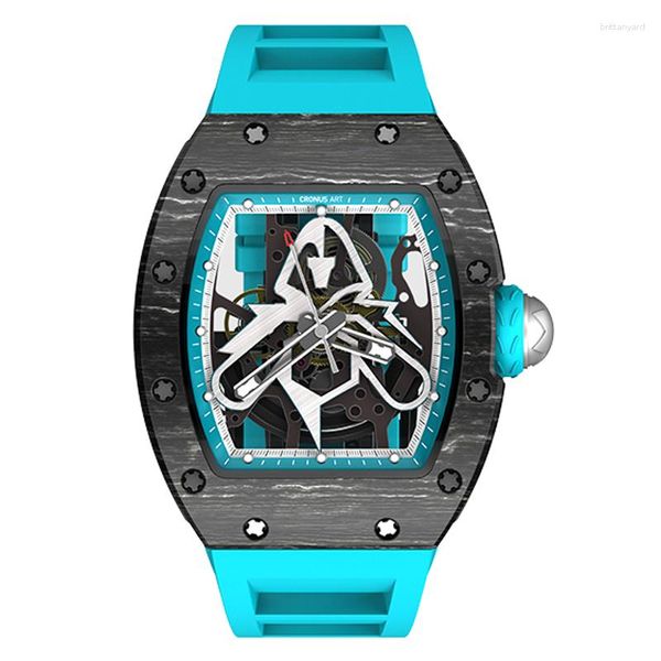 Orologi da polso CRONUSART Orologio automatico da uomo Orologio da polso meccanico tonneau di lusso Cassa in fibra di carbonio Cinturino luminoso in gomma fluorurata Quadrante scheletrato