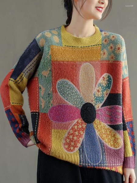 Женские свитера, женские винтажные свободные джемперы, женские элегантные пуловеры большого размера, зимние модные женские повседневные пуловеры с цветочным принтом
