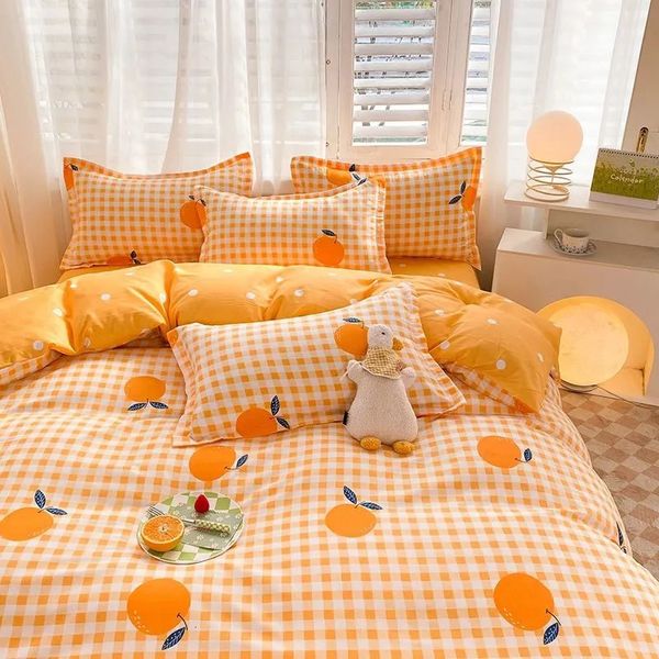 Set di biancheria da letto Ins Copripiumino a scacchiera arancione Federe per lenzuola piatte Twin Full Double Size Rosa Blu Set Home Decor per bambini Adulti 230927