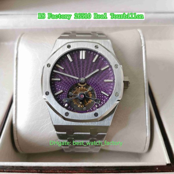 R8 Factory Mens Watch Melhor versão 41 mm x 8,5 mm 26510 Real Tourbillon Purple Dial Power Reserve Relógios CAL.2924 Movimento Mecânico Automático para relógios de pulso masculinos