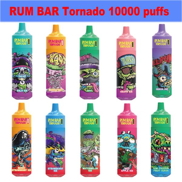 NOVO Original RUM BAR Tornado 10000 baforadas descartáveis Vape E cigarro puff 10k 600mah Bateria recarregável 13ml Carrinhos pré-preenchidos 0% 2% 3% 5% puffbars eletrônicos vaper bar