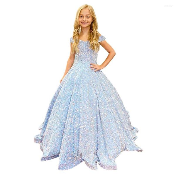 Kız Elbise Sequin Çiçeği Düğün Kapalı Omuz Kılavuzlu Pırıltılı Pageant Balo Prenses Kids Toddler Parti Gowns