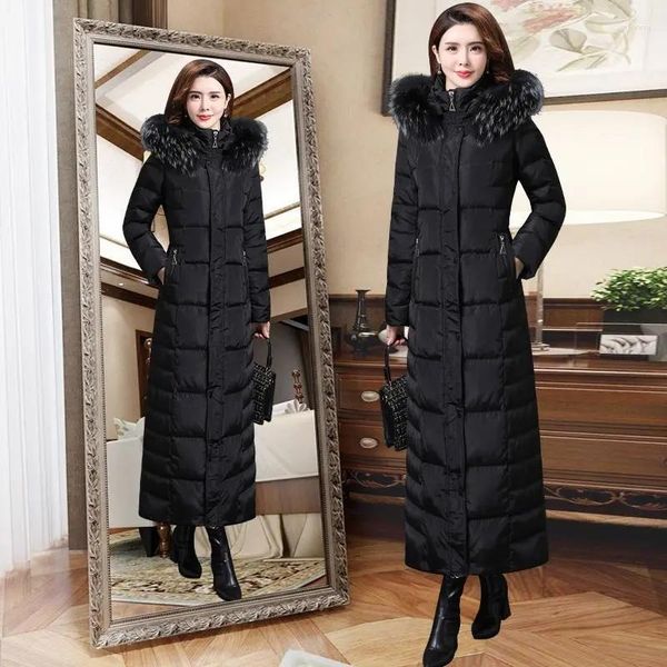 Casacos de trincheira femininos para baixo jaquetas mulheres longas 2023 inverno moda casual coreano solto com capuz gola de pele plus size sobre o joelho quente grosso