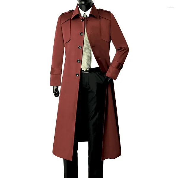 Casacos de Trench Masculinos Casaco Clássico Extra-Longo Joelho-Comprimento Single-Breasted Business Casual Bonito Roupas Slim Erkek Mont Vinho Vermelho Marrom