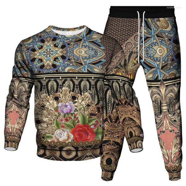 Tracksuits masculinos luxo estilo retro homens outono tracksuit floral leopardo padrão impressão roupas terno mulheres ao ar livre casual conjunto 2pcs moletom