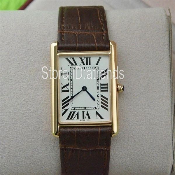 Relógio de quartzo super fino, série top fashion, masculino, feminino, mostrador dourado, pulseira de couro marrom, design clássico retangular, vestido, relógio 287b