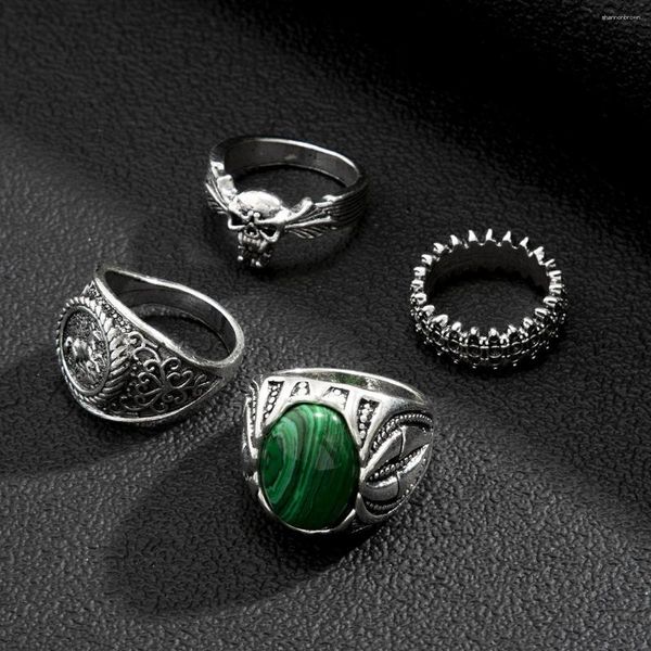 Кольца кластера, 4 шт., набор на палец, винтажное искусственное зеленое кольцо с малахитовым черепом, мужское кольцо в стиле панк, готика, модные мужские ювелирные аксессуары
