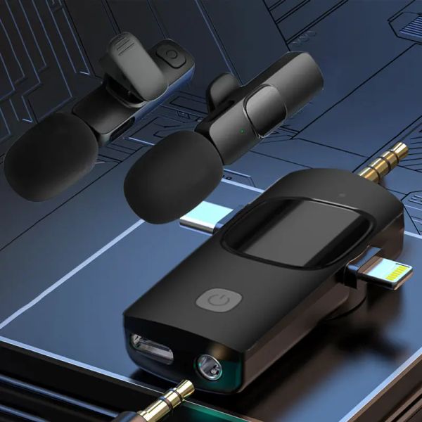 Microfoni wireless doppi 3 in 1 per iPhone k15, telefono Android, fotocamera, microfono lavalier wireless Doppi microfoni cordless con riduzione del rumore