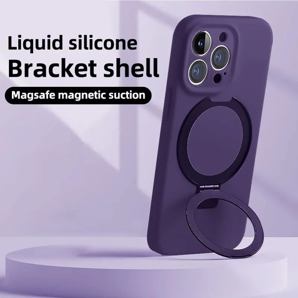 Luxo suporte de silicone líquido caso de telefone para iphone 15 14 13 12 11 pro max magsafe suporte magnético celular volta funda capa