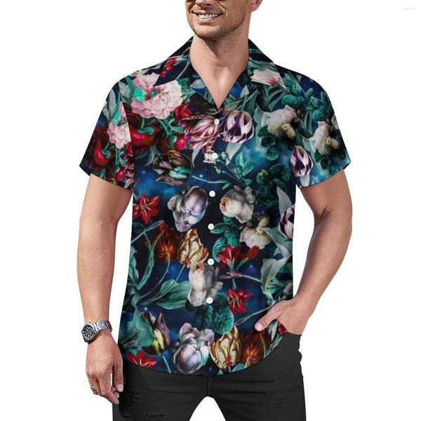 Camisas casuais masculinas vintage floral noite floresta gráfico praia camisa havaí y2k blusas masculinas impressas plus size