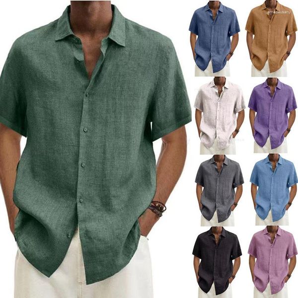 Мужские повседневные рубашки, рубашка для мужчин, летняя мужская рубашка с v-образным вырезом на пуговицах, хлопково-льняная однотонная свободная одежда с короткими рукавами, модная мода