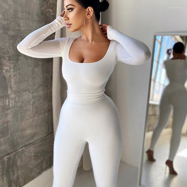 Kadınlar İki Parçalı Pantolon Bodycon Tulum Kadınlar Set Uzun Kollu Üst ve Tayt Kıyafetleri Takip Sonbahar Kış Beyaz Esnek Spor Giyim