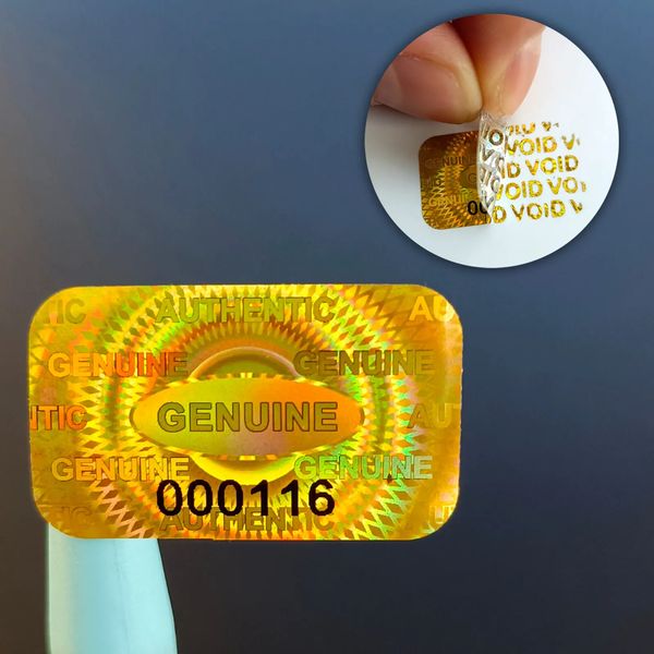 Favor de festa Novos adesivos holográficos à prova de adulteração de ouro Garantia Void Laser Label Selo de segurança com número de série 2,5x1,5cm Etiquetas adesivas 230609