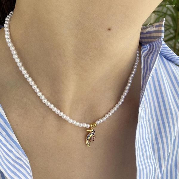 Anhänger Halsketten Böhmische Specht Blume Kupfer Pave Zirkon Imitation Perle Halskette Für Frauen Gold Farbe Hervorragende Qualität Mode