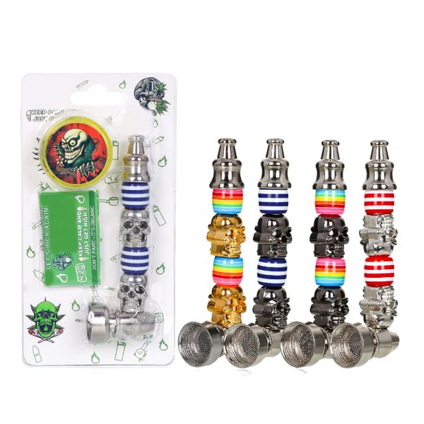 Conjunto de cachimbos manuais de metal estilo crânio com moedor de plástico de erva seca e tela de malha de filtro em embalagem blister tamanho de bolso atacado