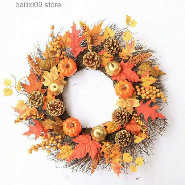 Ghirlande di fiori decorativi Foglia d'acero artificiale rattan zucca pigna Halloween Ringraziamento porta decorazione pendente Cortile del giardino Ghirlanda T230927