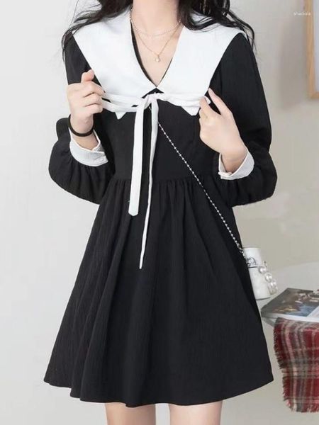 Casual Kleider Preppy Stil Schule Schwarzes Kleid Frauen Weiche Mädchen Süße Kawaii Nette Student Mini Kurz 2023 Herbst Winter