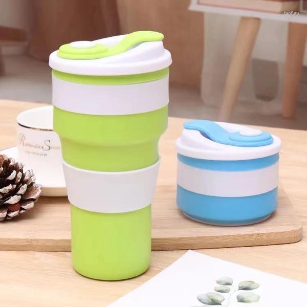 Copos de café dobráveis portáteis de 500ml para viagens de silicone dobrável com tampa de acampamento