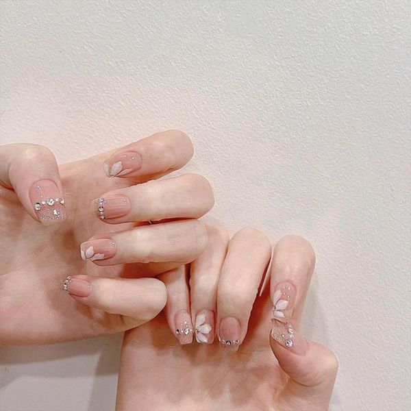 Unhas falsas curto quadrado falso conjunto nude capa completa vara com diamantes falsos para decoração de dedo casa prego diy