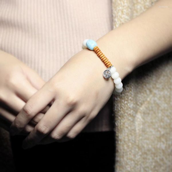 Charme pulseiras estilo chinês literatura e arte branco jade bodhi mão corda tianhe pedra único anel pulseira presente feminino