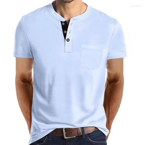 Polos masculinos 2023 europeu e americano manga curta botão bolso camisa polo camisas ropa de hombre roupas cor sólida