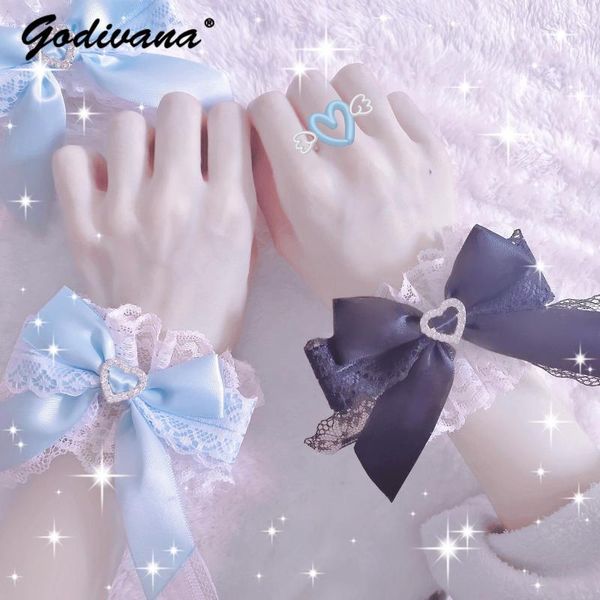 Charm-Armbänder im japanischen Stil, Mine-Lolita-Armband, süße Spitze, Liebesherz, Fliege, Mädchen-Strass-Oversleeves für Frauen