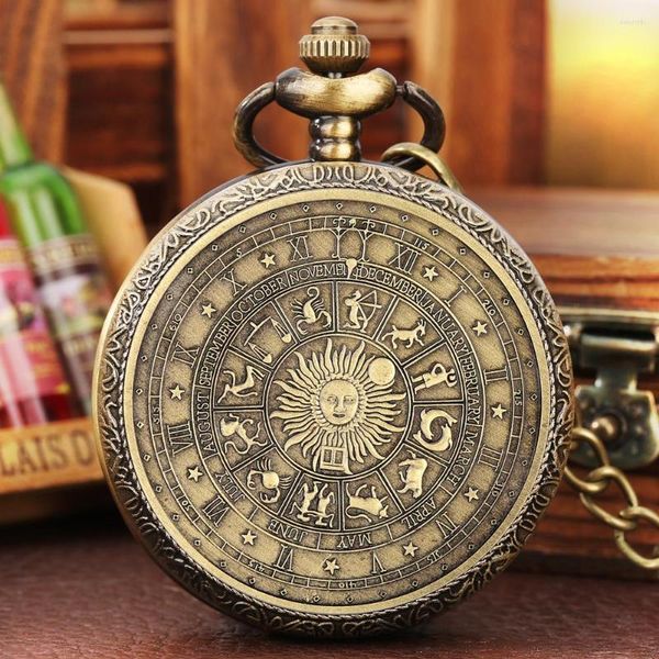 Relógios de bolso gótico vintage 12 constelações bronze relógio de quartzo retro fob corrente presente de aniversário relógio presentes das mulheres dos homens