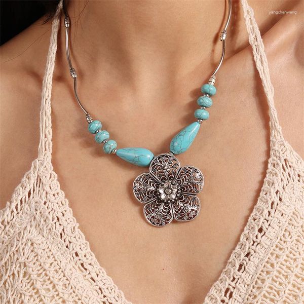 Gargantilha boêmia turquesa pedra colar para mulheres collier femme artesanal étnico grande flor pingente colares jóias de declaração