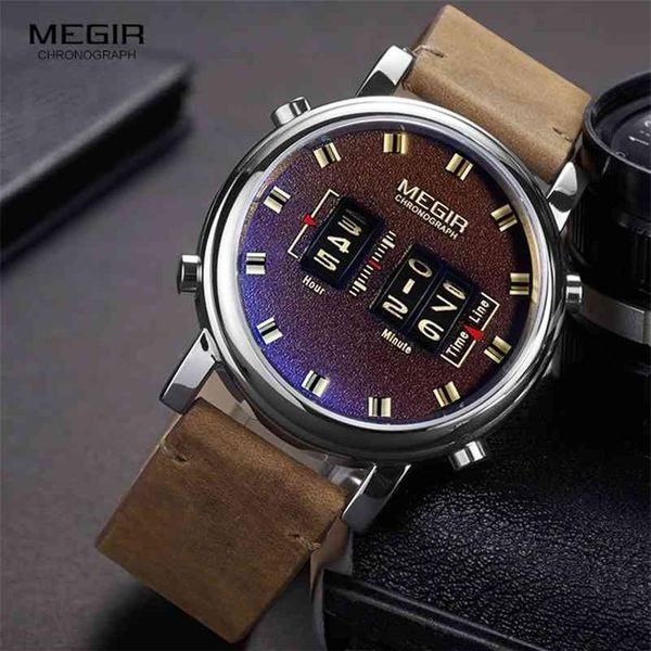 MEGIR новые часы с лучшим ремешком, мужские часы в стиле милитари, спортивные коричневые кожаные кварцевые наручные часы, роскошные барабанные ролики relogio masculino 2137 210329317Z
