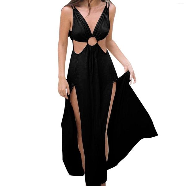 Abbigliamento etnico da donna senza maniche appeso scavato in tinta unita abito da sera da spiaggia per feste abito casual con maniche corte