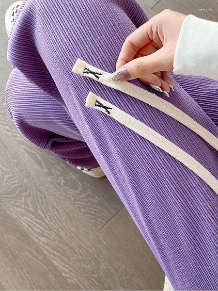 Pantaloni da donna Moda coreana Pantaloni larghi viola per donna Estate Slim Stringati Sport a coste Morbide ragazze Seta ghiacciata Lavorata a maglia larga