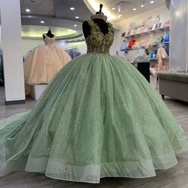 Bonito princesa hortelã verde brilhante vestido de baile quinceanera vestidos fora do ombro apliques contas luxo espartilho vestidos de 15 anos