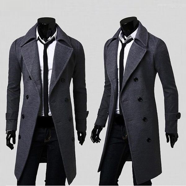 Casacos de Trench Masculinos Mens Double Breasted Casaco Mistura de Lã de Alta Qualidade Marca Moda Casual Slim Fit Jaqueta de Roupas de Cor Sólida