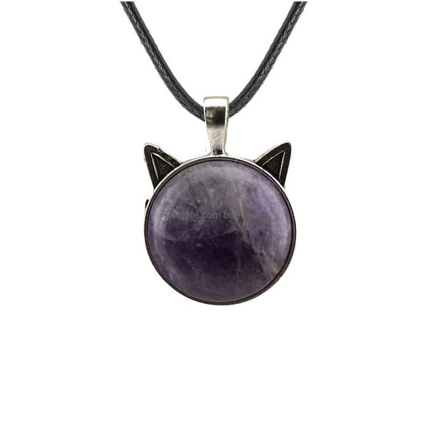 Colares de pingente Natural Crystal Cat Cabeça em forma de pingente colar com corda de couro cura energia presente de feriado para amigos e famil dhgbb