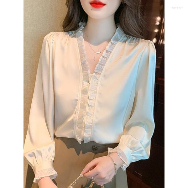 Женская блузка-поло с длинным рукавом, женская Blusas Mujer De Moda 2023, рюшами с v-образным вырезом, абрикосовая белая шифоновая рубашка, топы, блузки G363