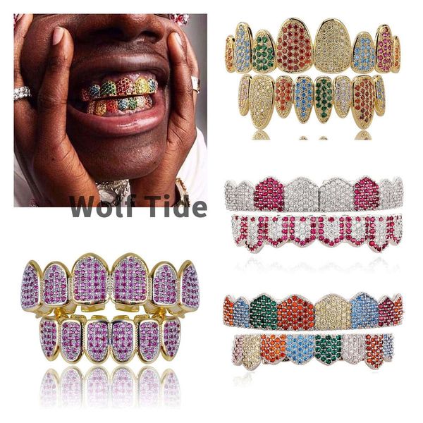 Oro reale 18 carati Oro rosa Oro bianco Vampire Grillz Ghiacciato Fang Grills Pieno di diamanti colorati Cosplay Tappo per denti Bocca dentale Denti Bretelle Halloween Party Gioielli Regali