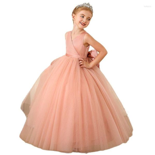 Mädchen Kleider Blumenmädchen Rosa V-Ausschnitt Kinder Hochzeit Applikationen Festzug Kleid Party Abschlussball Geburtstag Prinzessin Kleid