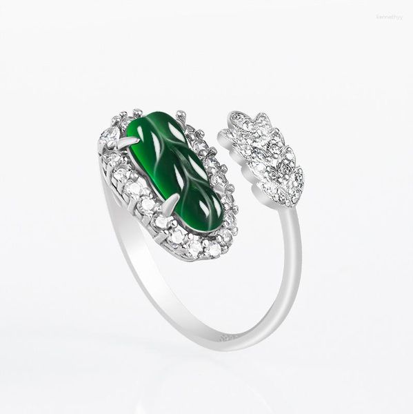 Cluster Ringe S925 Silber Natürliche A Waren Jade Blatt Tinte Samen Jadeit Ring Mode Finger Frauen Geschenke Schmuck Einstellbare tropfen