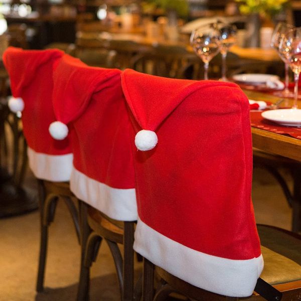 Capa de cadeira de Natal Tecidos não tecidos vermelhos Chapéu de Papai Noel Capas traseiras de cadeira para enfeite de Natal Jantar em casa Decoração de Natal Banquete Festa Decoração de festival