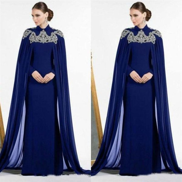 Árabe azul escuro dubai vestidos de noite com cabo frisado alto pescoço cabido sereia longo vestido de baile manga longa kaftan marrocos mãe dr245e