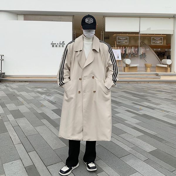 Trench da uomo Cappotto lungo a righe originale Doppio petto Cappotto classico con risvolto Capispalla con cintura Primavera e autunno Frangivento da uomo