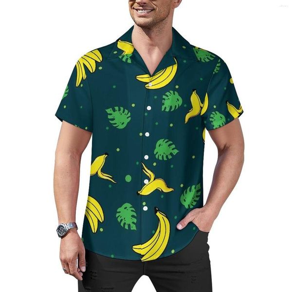 Camisas casuais masculinas com estampa de banana, camisa de praia, folhas verdes, homem havaiano, blusas engraçadas, manga curta, top gráfico plus size