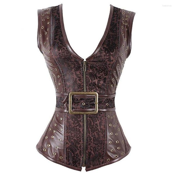 Bustiers Korsetts 2023 Braun Steampunk Korsett Gothic Kleidung Sexy Jacquard PU Leder Stahl Ohne Knochen Reißverschluss Schnalle Und