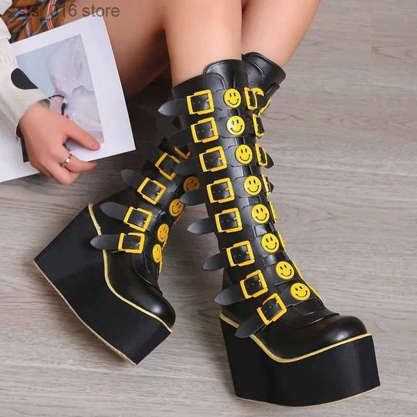 Stiefel Plus Größe 43 Schwarz Gothic Vampir Halloween Cosplay Punk Schnalle Straße Plattform Keil High Heel Stiefel Frauen Schuhe 2023 T230927