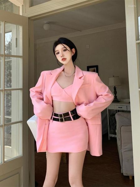 Vestido de duas peças insozkdg alta qualidade doce rosa blazer saia conjunto menina terno casaco camisola mini feminino 3 mulheres outono