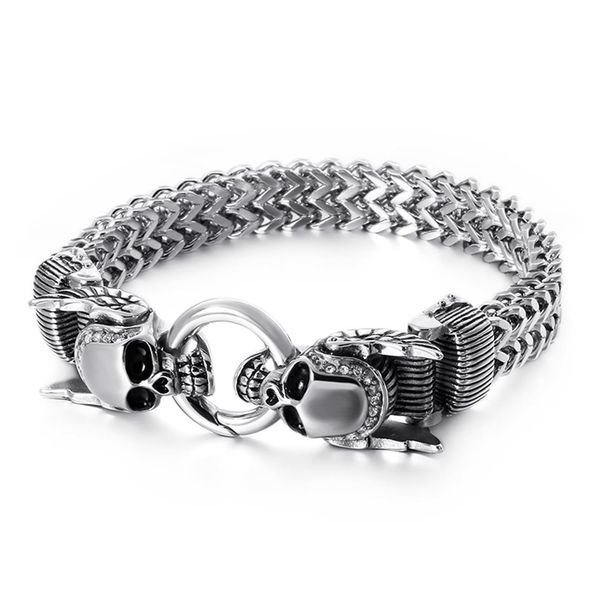 XMAS Gifts Kristalle 316L Edelstahl Guss Figaro Link Kettenarmband Double Skull End Armreif Herren Jungen Schmuck silv256S